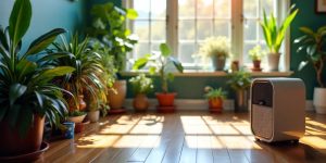 Indoor plants and air purifiers in a bright room.