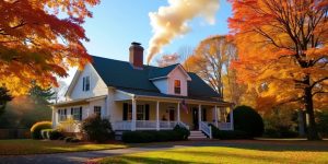 Cozy home with chimney smoke and autumn leaves.