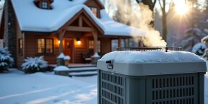 Cozy home with snow and heating unit in view.