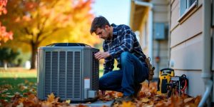 Technician inspecting HVAC unit with autumn leaves around.