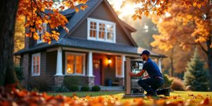 Technician servicing a furnace in a fall setting.