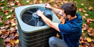 Technician working on HVAC unit with fall leaves.