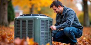 Technician working on HVAC unit in fall setting.