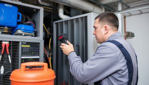 Technician performing HVAC maintenance with tools and equipment.