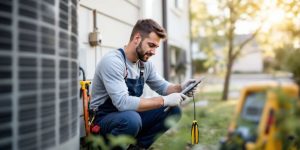 HVAC technician working on a residential air conditioning unit.