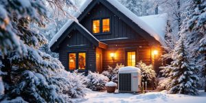 Winter home with HVAC unit and snowy landscape.