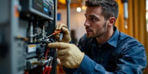 Technician inspecting a heating system in a home.